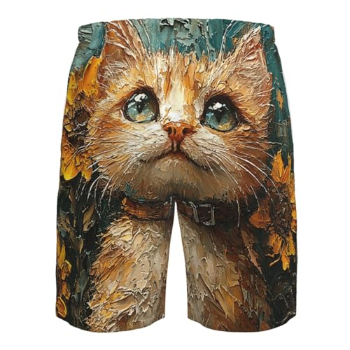 Men Swim Trunks Beach Shorts Swimwear Summer Bathing Suits - Sunflower Cat Art4