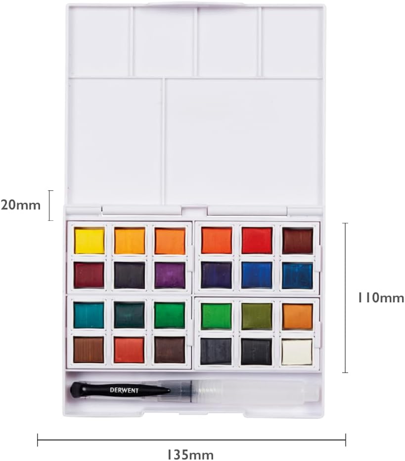 Derwent Watercolour Paint Pan 24 Set, Set of 24, Half Pan Size, Water-Soluble, Ideal for Painting, Professional Quality, Travel Size, 2306324