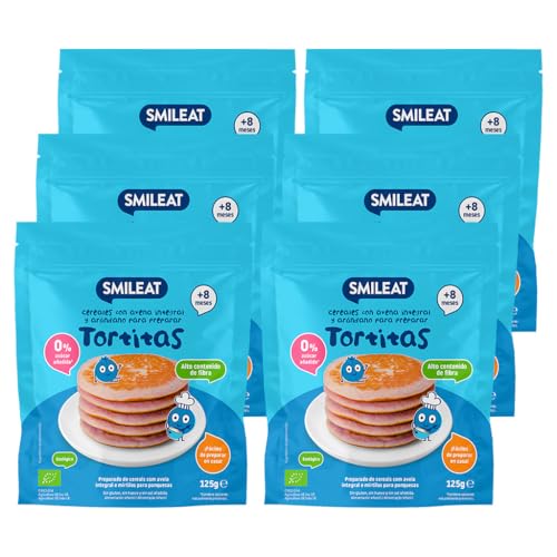 Smileat - Pack de 6 Preparado para Tortitas de Avena Integral y Arándano - Con Vitamina B1 - Sin Azúcar Añadido - Fáciles de Hacer - Para Peques a Partir de 8 Meses - 125g