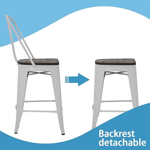 Miniatura 6 de FDW Juego de 4 taburetes de bar de metal de altura de mostrador con respaldo de 24 pulgadas de altura de asiento, sillas de bar industriales,