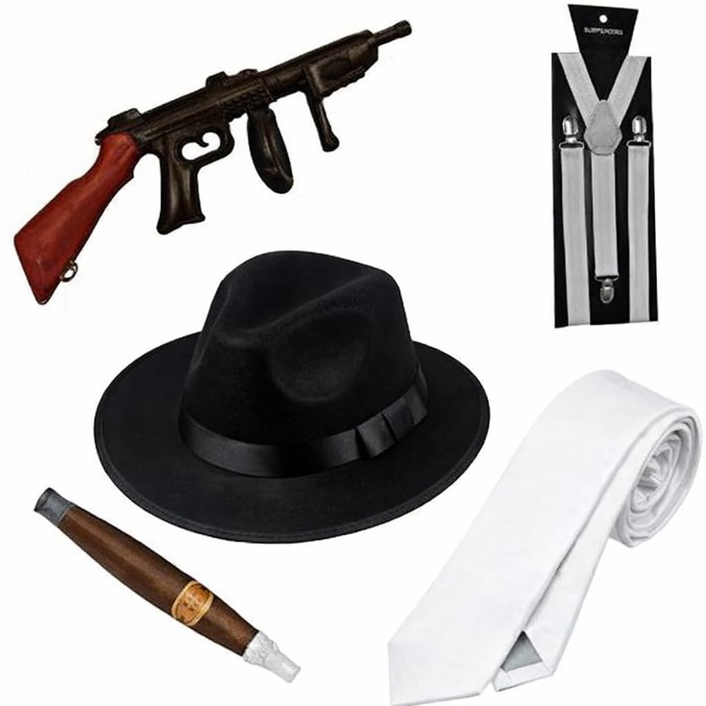 WickedFun® ADULT 1920s GANGSTER FANCY DRESS FOR MEN WHITE BRACES + BLACK TRILBY HAT + FAKE CIGAR FANCY DRESS ACCESSORIES (5 Pieces Full Set)