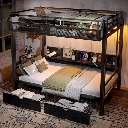 KEIKI Twin Over Twin Metal Bunk Bed with Storage & Lights