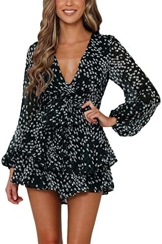 Relipop Womens Floral Print Romper V Neck Long Sleeve Double Laye...