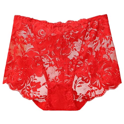2026 Bragas de mujer con encaje floral de cintura alta cobertura completa malla transpirable transparente suave ropa interior elástica, rojo, XL