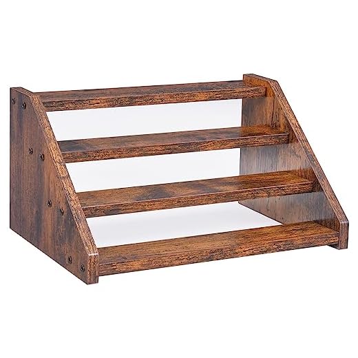 Wood Display Stand, Display Riser, Spice Rack, 4 Tier Display Shelf for Pop Figures, Vintage Tiered Display Stand for Cupcakes and Collectibles Decoration, Makeup and Perfume Organizer, Rustic Brown