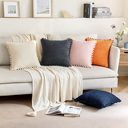 Anroduo Pack Of 2 Throw Pillow Covers With Pom-Poms Corduroy Cushion Case 16X16 Cute And Soft Boho Throw Pillow Covers Decorative Pillows Covers For Couch Sofa Bed And Living Room Cream #TOP6