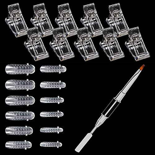 Kit de Outils Extension Ongles, 120 pièces Naturel Faux Ongles Acrylique Faux Ongles, 1Pcs Double-Ended Polygel Brush&Picker,10 Pcs Nail Tips Clip pour Ongles en Polygel, Kit pour Nail Art Cover