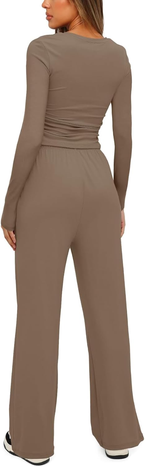Two Piece Sets for Women Long Sleeve High Waist Wide Leg Tracksuits Casual Workout Lounge Outfits Matching Sets - Image 2