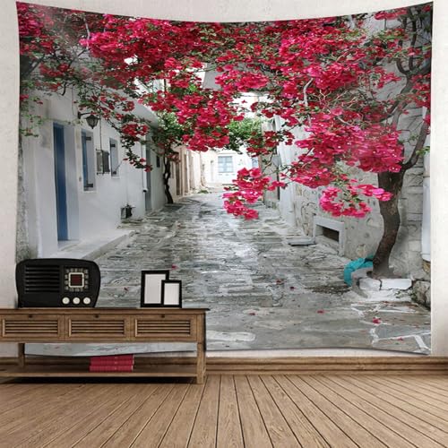 Tapisserie murale nordique route et fleurs 150x150cm pour salon