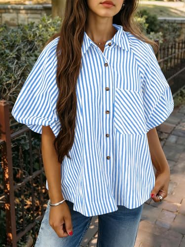Image of Tankaneo Womens Short Puff Sleeve Button Down Shirts Striped Trendy Casual Loose Fit Blouse V Neck Collared Tops