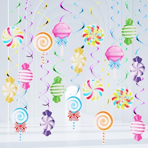 NVGVUP 48 piezas de dulces colgantes en espiral, guirnaldas de serpentinas, decoración para fiestas de Candyland, tema de caramelos, remolinos colgantes, decoración para cumpleaños infantiles