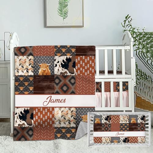 Personalized Baby Bedding Set - Custom Name Crib Comforter & Fitted Sheet, Cute High Land Cow Nursery Set for Boys & Girls