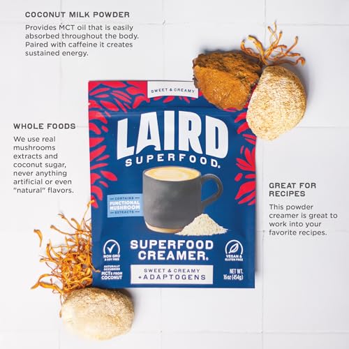 Image of Laird Superfood Non-Dairy Coconut Powder Creamer - Sweet & Creamy + Adaptogens - Superfood Creamer with Functional Mushrooms - Non-GMO, Vegan, 8 oz. Bag, Pack of 1