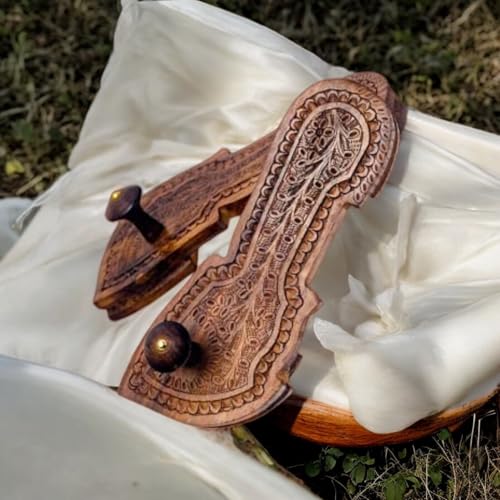 Image of Khadau Chappal for Men | Wooden Charan Paduka for Puja, Wearable Wooden Chappal Eco-Friendly (Rosewood) (7 UK, Fish-Shape)