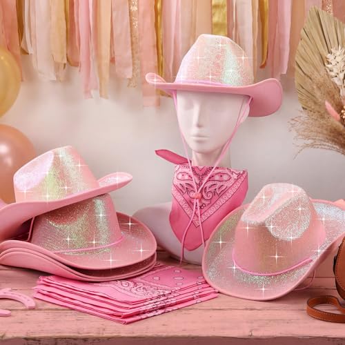 Image of Coume 12 Pcs Sparkly Adults Cowboy Hat and Bandanas Women Men Western Glitter Cowgirl Party Hats with Adjustable Drawstring