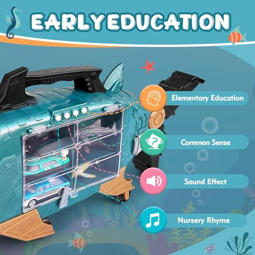 Shark Toys With LED and Music - Ocean Animals Set With 2 Trucks, 2 Cars, 18 Sea Creatures for Kids 3+