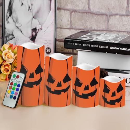 Image of Halloween Pumpkin LED Flameless Candles | 4 Pack LED Flickering Battery Operated Color Changing Electric Pillar Candles for Living Room Halloween Home Decoration
