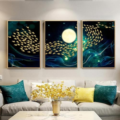Mur vide salon ? Décorez avec ce triptyque toile poisson doré abstrait 30cm - 2