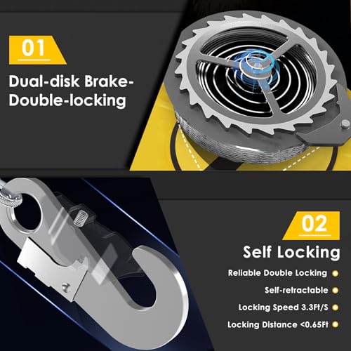 Image of Fall Arrester Protector Self Retractable 66FT Fall Protection Gear Double Locking, Dual PPE+Alloy Steel housing Heavy Duty Lifeline Safety Lanyard Rope Cable Wire Roofing Construction