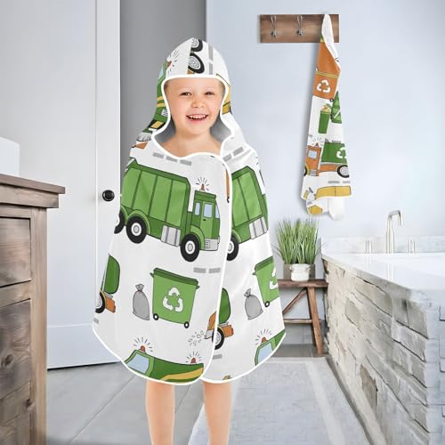 Image of Kids Beach Towel for Boys Girls, Construction Garbage Trucks Street Bath Towel Wrap, Baby Hooded Towels, Toddler Soft Pool Swim Towels