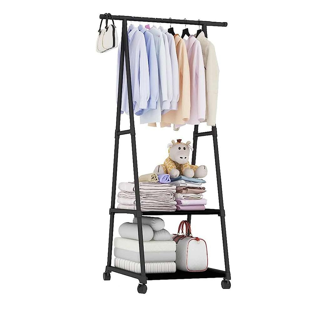Vetrineinrete® Stand Appendiabiti in metallo per abiti con ruote 2 ripiani espositore guardaroba 160X55X42 cm (Nero)
