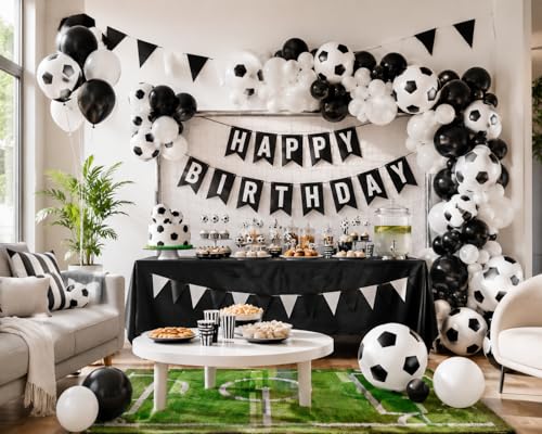 Image of 100pcs 12 inch Soccer Latex Balloons, Black White Soccer Ball Balloon for Boys World Soccer Birthday Anniversary Baby Shower Sports Themed Party Decorations Supplies with Ribbon