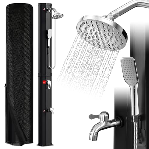 Eulenke Solardusche 60L Solar Gartendusche mit 360 Regenduschkopf Wasserhahn und handbrause Warmes Wasser Max. 60 ohne Stromanschluss Pooldusche mit Schutzhaube-Ablassschraube Schwarz
