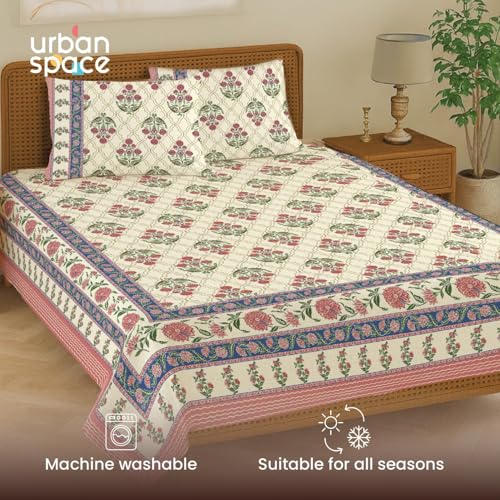 Image of Urban Space 100% Cotton Jaipuri Handblock Premium Printed King Size Bedsheet with 2 Pillow Covers, 240 TC Cotton King Bedsheet (108 x 108 Inches, Amberjaal Pink)