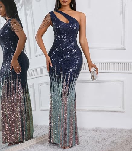 Image of Cololura Women Sequin Elegant Sexy One Shoulder Tassel Mermaid Bodycon Cocktail Evening Dress