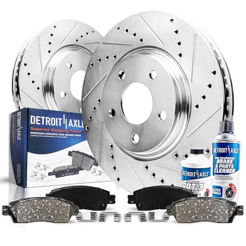 Image of Detroit Axle - 6pc Front Brake Kit for 17-20 Acura MDX, 17-25 Honda Ridgeline, 16-22 Pilot, Drilled and Slotted Disc Brake Rotors Ceramic Brake Pads with Hardware Replacement: 12.60 inch inch Rotor