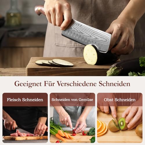 HEZHEN Damast Nakiri Messer, Japanischer Stil Hackbeil Messer, Hartstahl Mehrzweckmesser Asiatisches Kochmesser Zum Schneiden von Fleisch und Gemüse，Griff aus Micarta