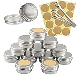 TIANZD 50 Stück Leere 10 ml Rund Silber Aluminium Tins Schraubdose Cremedose Alu-Tiegel Dosen mit Schraub-Deckel 5ml Aludose Blechdosen für Kosmetik Kerze Salben 3X Löffel, 50x Etikette