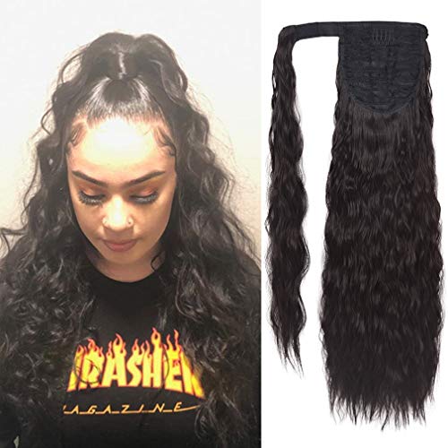 SEIKEA 24 Inch Clip in Ponytail Extension Wrap Around Long Wavy Curly Pony Tail Hair Fluffy Synthetic Hairpiece for Women - Black Brown