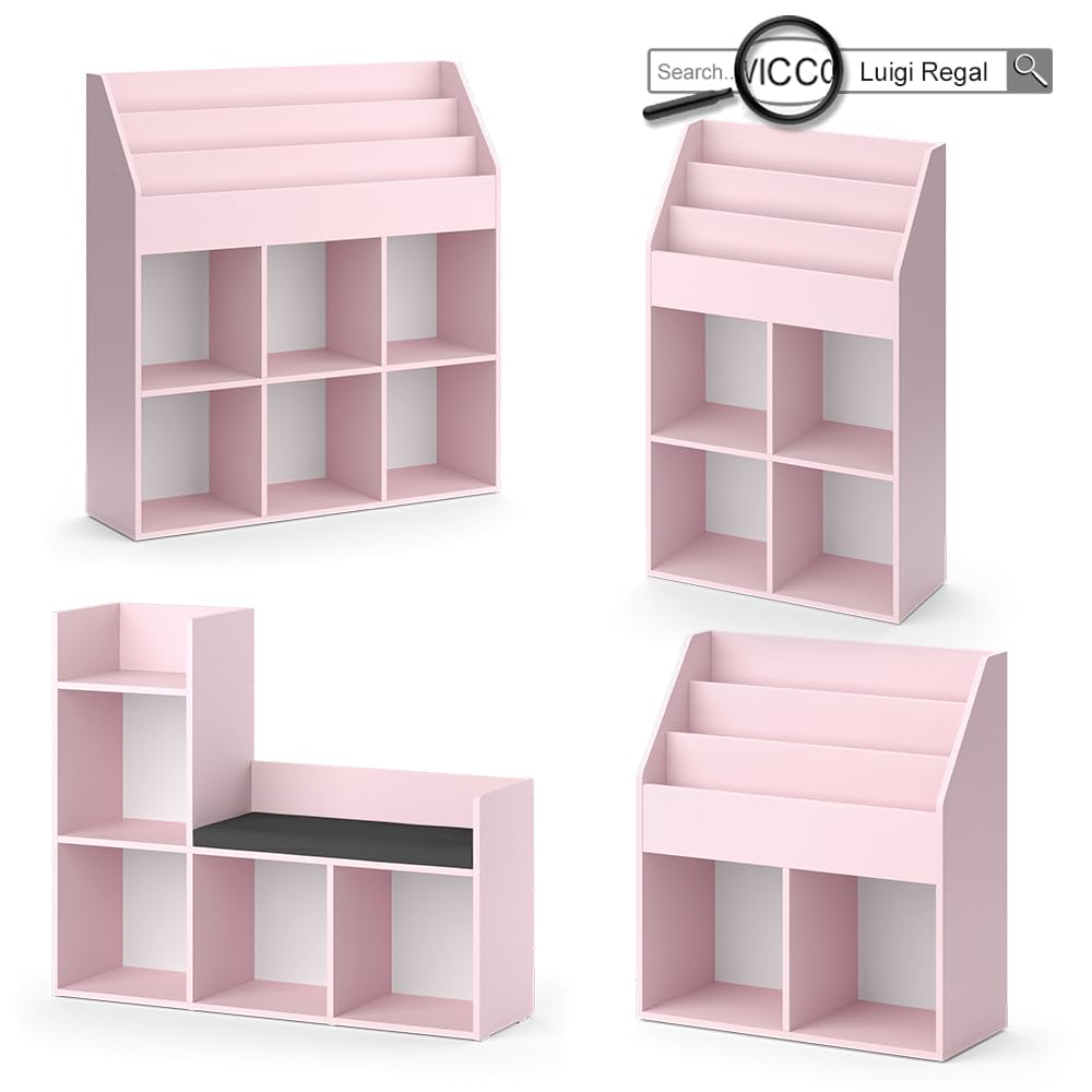 Vicco Libreria bambini Luigi, rosa, 107.2 x 88.6 cm con 2 scatole pieghevoli (colorate), con seduta imbottita e quattro ripiani aperti