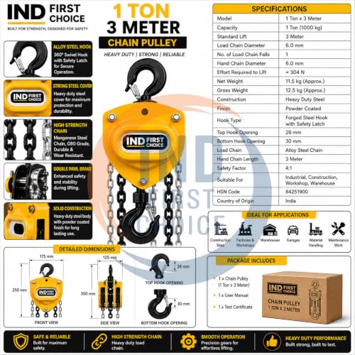 Image of 1 Ton Manual Chain Pulley Block, 3 Meter Lift Height, Premium Series, Heavy Duty Chain Hoist with Safety Hook for Industrial, Construction & Warehouse Use