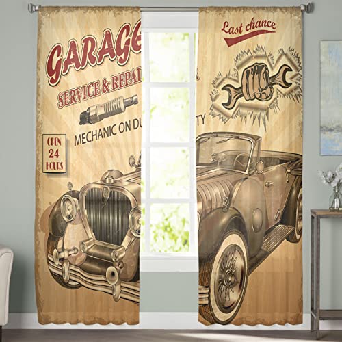 Museday Elegant Natural Window Sheer Curtains For Bedroom Vintage Auto Mechanical Alphabet Nostalgic Grunge Theme Light Reducing Sheer Voile Window Treatment Rod Pocket Curtain Panel For Kitchen #TOP2