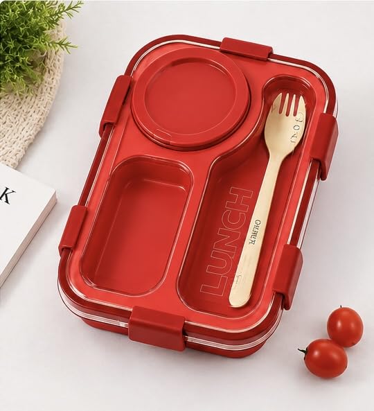 Image of Lunch Box with Compartments and Spork, Red