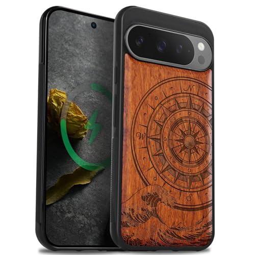 Coque bois Magsafe Google Pixel 9 Pro antichoc TPU motif vagues gravées