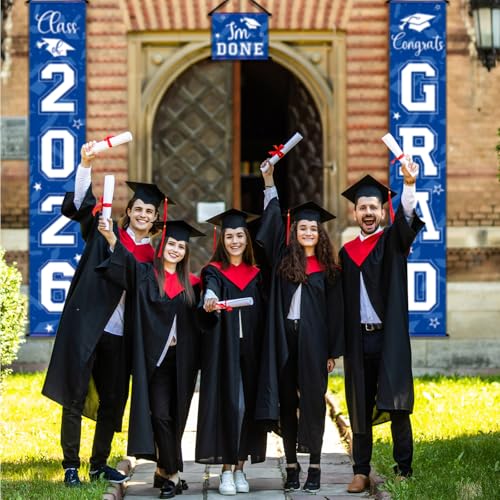 Image of Moukeren 3 Pieces 2026 Graduation Party Decorations Graduation Porch Sign Class of 2026 Grad Hanging Porch Banner Backdrop Door Sign for Grad Party Home Door Wall Decor(Blue)