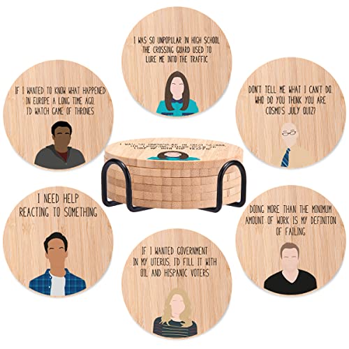 Community Bamboo Wood Coasters Set of 6, Funny Coasters with Holder Housewarming Gift Kitchen Decor