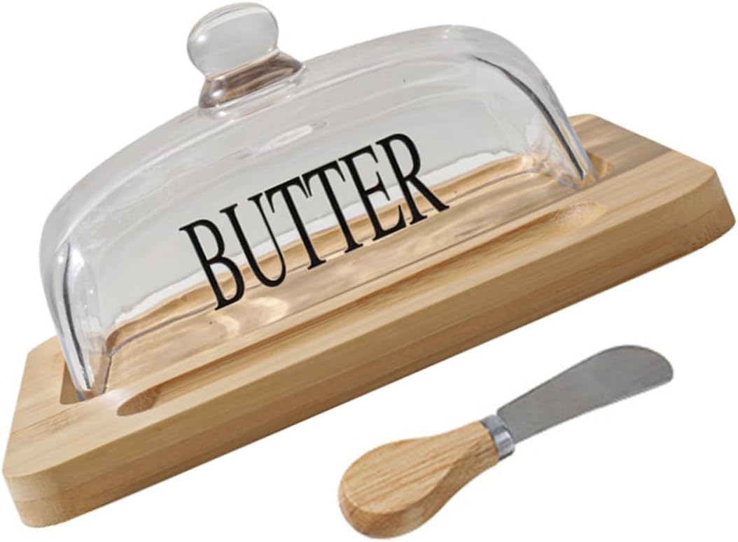 Cabilock 1 Set Butter Dish with Glass Dome Lid Square Butter Storage Box with Metal Cutter for Home Tableware for Kitchen Dessert Shop Use