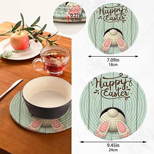 Happy Easter Bunny Kitchen Pot Holders Trivets Eggs Teal Wood Trivet Mats Set Pure Cotton Round Thread Weave Hot Pads 2 Pack Stylish Coasters For Baking Cups Cooking Dining Counter #TOP1