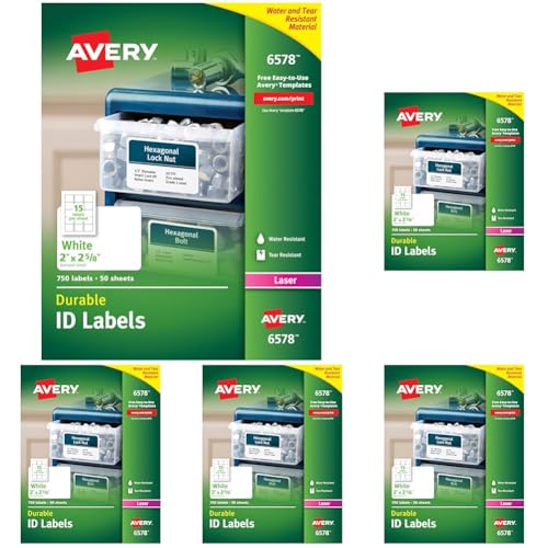 Image of Avery Durable White Cover Up ID Labels for Laser Printers, 2 inch x 2.625 inch, (6578), 750 Count (Pack of 5)