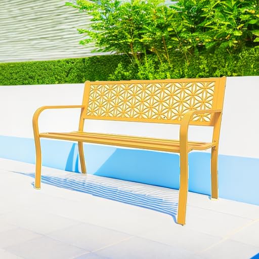 Image of VINGLI 50 inch Outdoor Bench Metal with Floral Back, Garden Bench Front Porch Bench for Yard Patio Entryway Park Outside, 800lb Capacity - Yellow