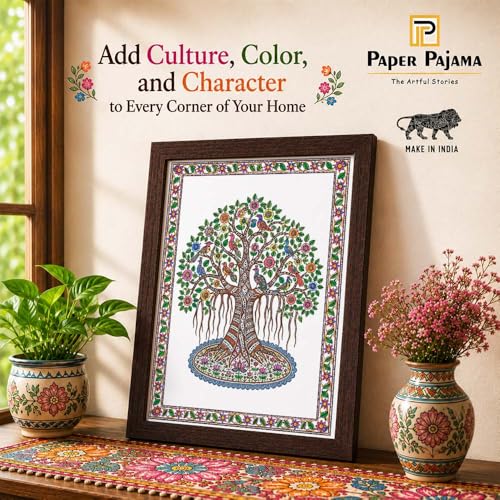 Image of PAPER PAJAMA Tree of Life Vastu Wall Art for Living Room | Madhubani Birds on Banyan Tree Painting | Traditional Mithila Folk Art Framed Decor for Home, Office & Bedroom (10x13 Inches)