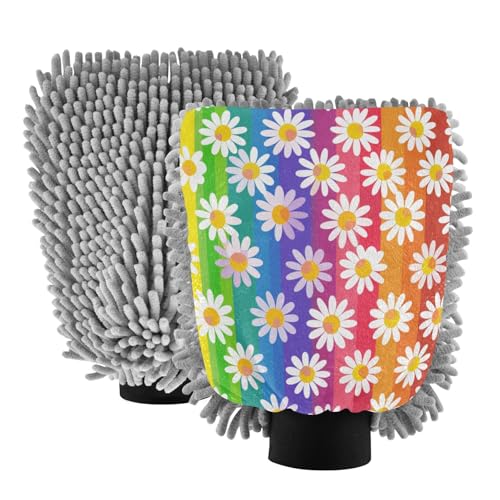 ALAZA Daisy Flower Rainbow Stripes Car Wash Mitt Scratch Free, 2 Pack Absorbent Microfiber/Chenille Washing & Drying Mitts, M