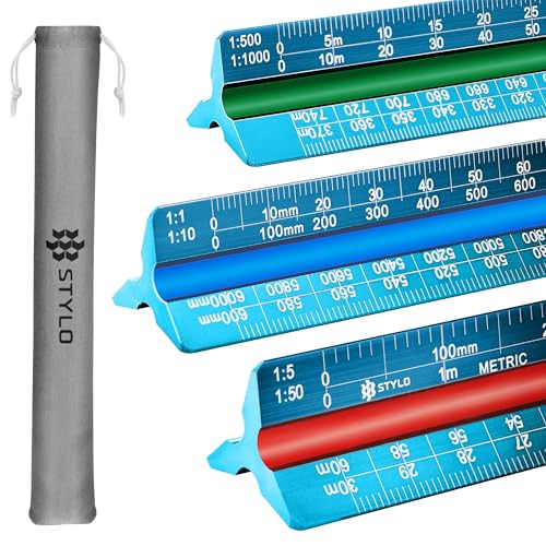 Aluminum Architect Scale Ruler - 30cm Ruler Laser Etched Triangle Drafting Ruler with Colour Coded Grooves for Blueprint, Drafting - Architectural Scale Ruler (Light Blue, Metric Units)