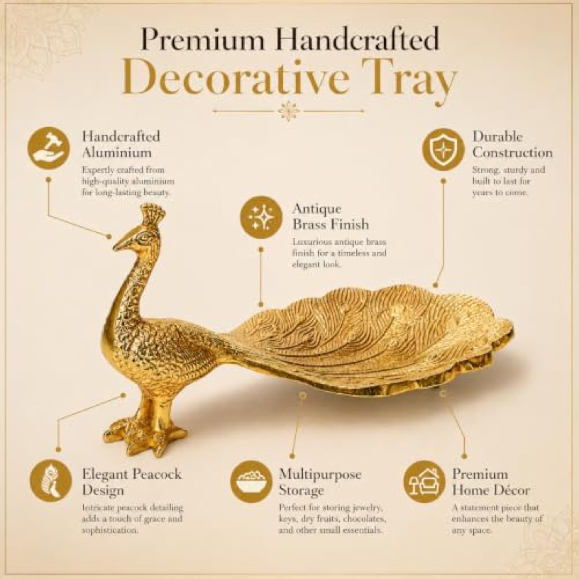 Handcrafted Aluminium Peacock Decorative Tray with Brass Finish