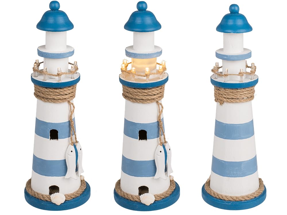 Out of the blue Wooden Lighthouse with LED, Approx. 10 x 30 cm, for 2 AA Batteries