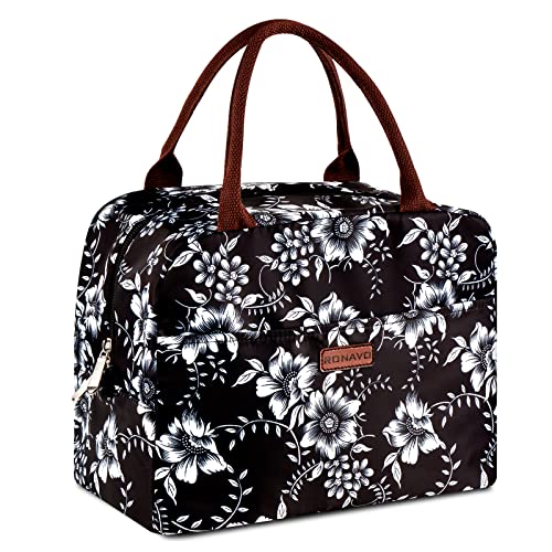 RONAVO Sac à déjeuner pour le travail - Boîtes à déjeuner douces pour femmes, boîte à déjeuner isotherme grande glacière (fleurs noires et blanches) Cover
